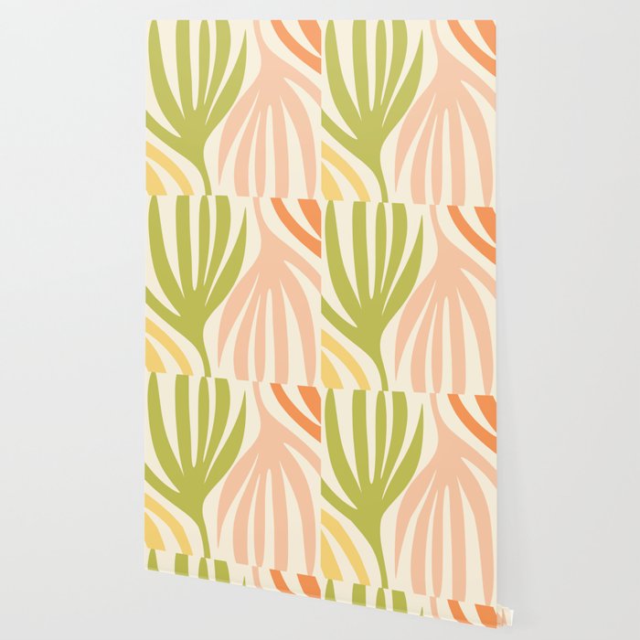 Maldives Abstract Botanical Pattern in Retro Light Green Blush Orange Yellow Cream Wallpaper Gallery Image 2