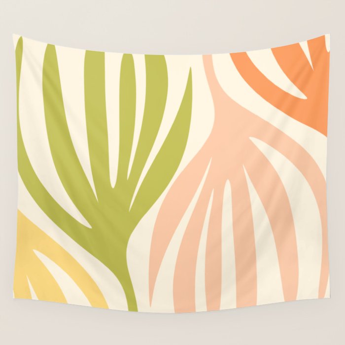 Maldives Abstract Botanical Pattern in Retro Light Green Blush Orange Yellow Cream Wall Tapestry Gallery Image 4