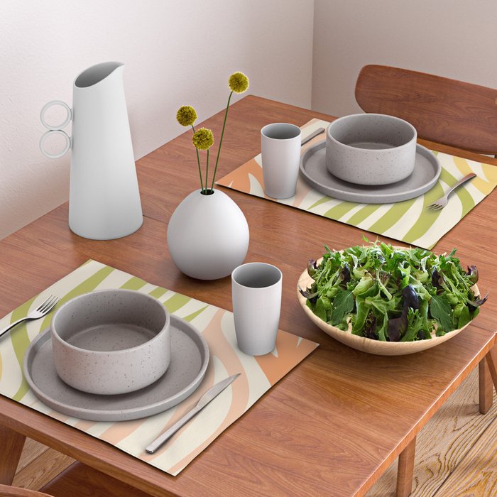 Maldives Abstract Botanical Pattern in Retro Light Green Blush Orange Yellow Cream Placemat Gallery Image 2