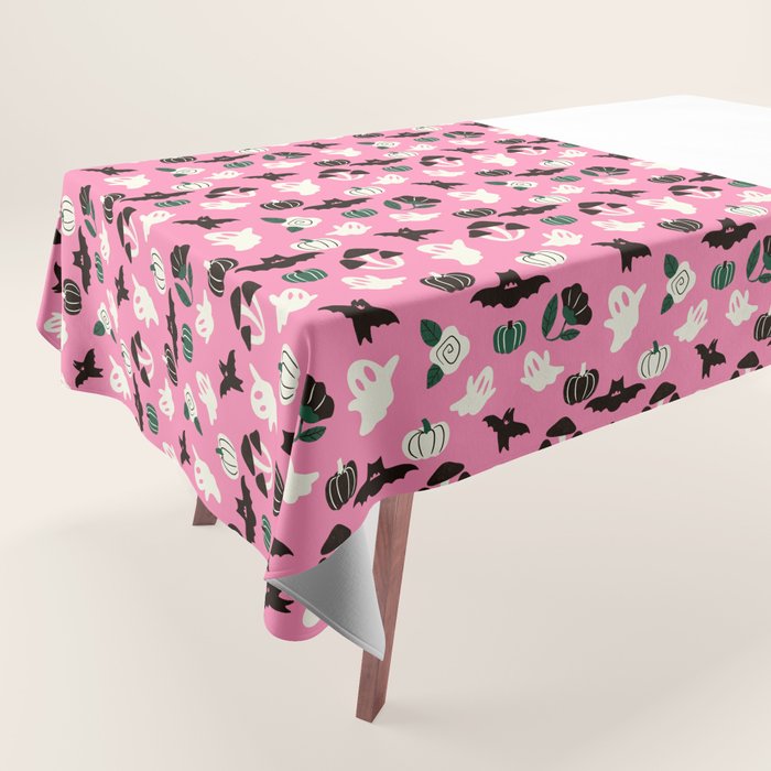 Pink Ghosts, Mushrooms, Bats, and Flowers Pattern Tablecloth Gallery Image 1