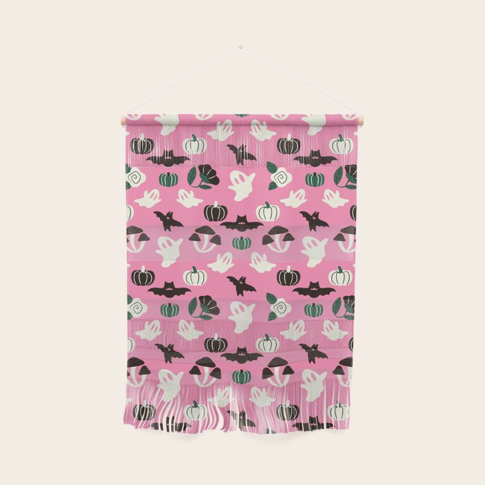 Pink Ghosts, Mushrooms, Bats, and Flowers Pattern Wall Hanging Gallery Image 1