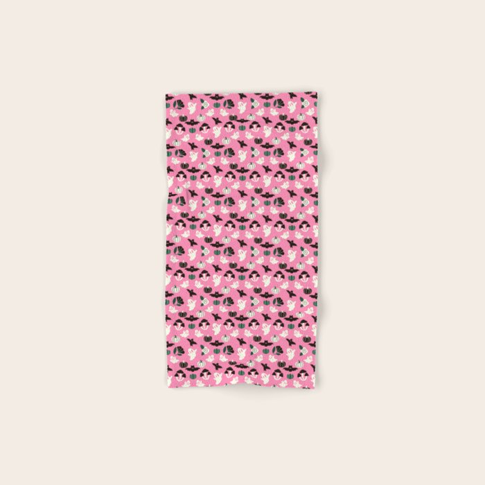 Pink Ghosts, Mushrooms, Bats, and Flowers Pattern Bath Towel Gallery Image 1