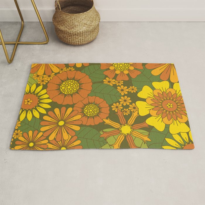 Orange, Brown, Yellow and Green Retro Daisy Pattern Rug Gallery Image 1