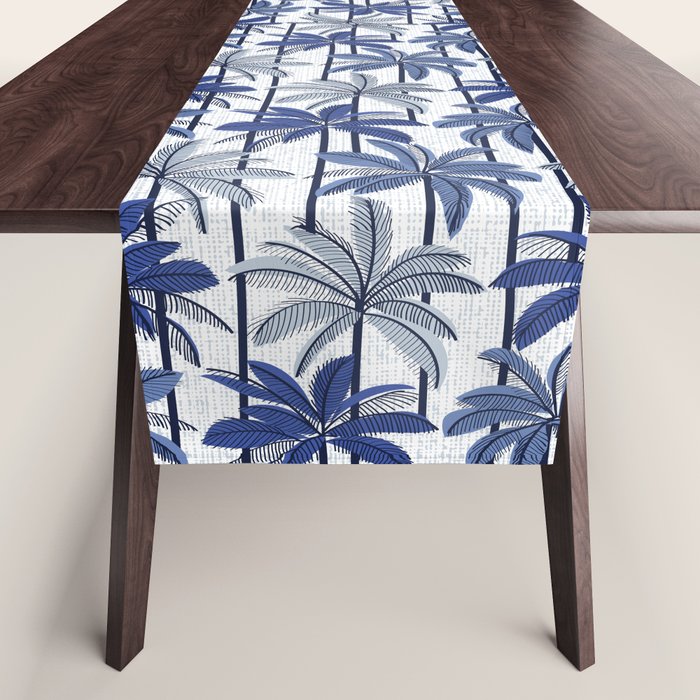 Retro Palm Springs vibes // white background highball indigo electric and pastel blue palm trees oxford navy blue lines Table Runner Gallery Image 1