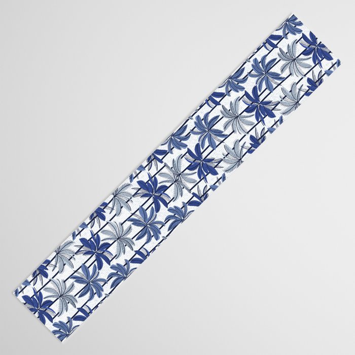 Retro Palm Springs vibes // white background highball indigo electric and pastel blue palm trees oxford navy blue lines Table Runner Gallery Image 3