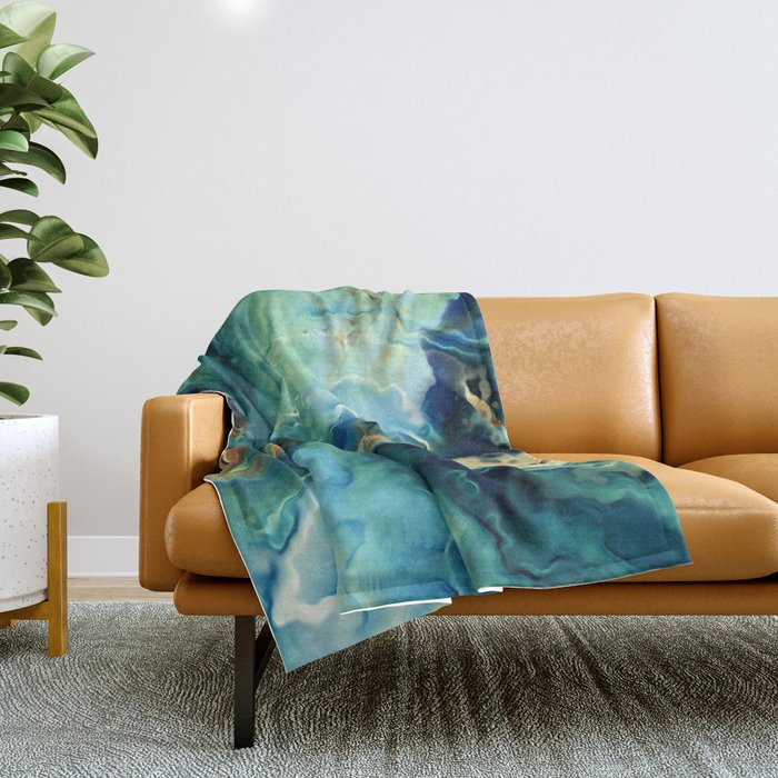 Marbled Ocean Abstract, Navy, Blue, Teal, Green Throw Blanket Gallery Image 1