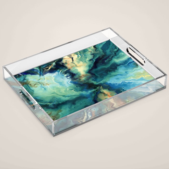 Marbled Ocean Abstract, Navy, Blue, Teal, Green Acrylic Tray Gallery Image 1