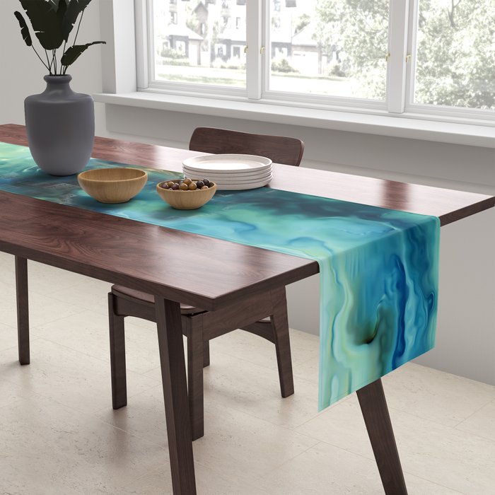 Marbled Ocean Abstract, Navy, Blue, Teal, Green Table Runner Gallery Image 2