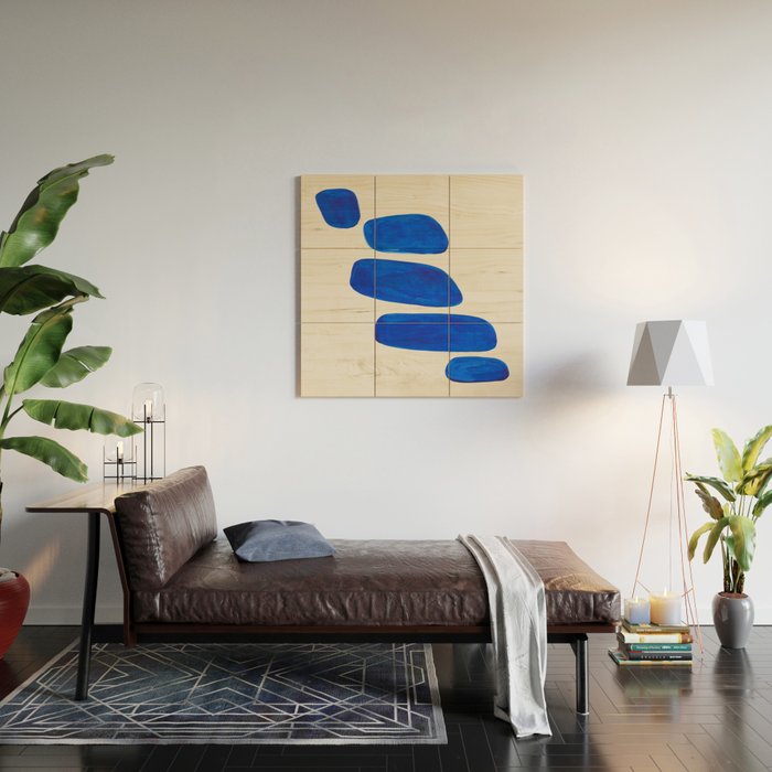 Minimalist Modern Mid Century Colorful Abstract Shapes Phthalo Blue Native Pebbles Stacked Wood Wall Art Gallery Image 2
