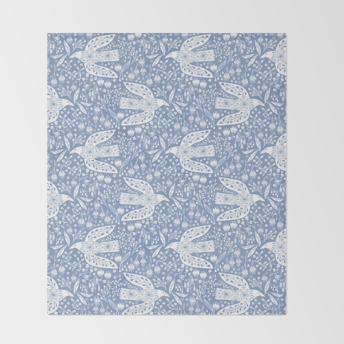 Doves and Flowers Bird Art White on Blue Throw Blanket Gallery Image 2