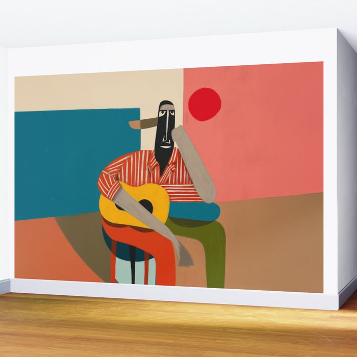 Melancholy Guitarist in Stripes Wall Mural Gallery Image 2