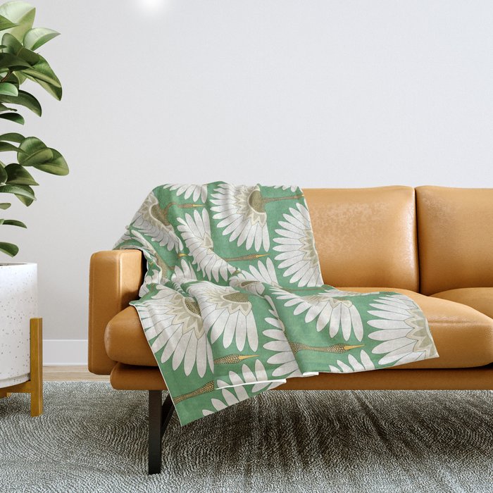 art deco cranes green Throw Blanket Gallery Image 1