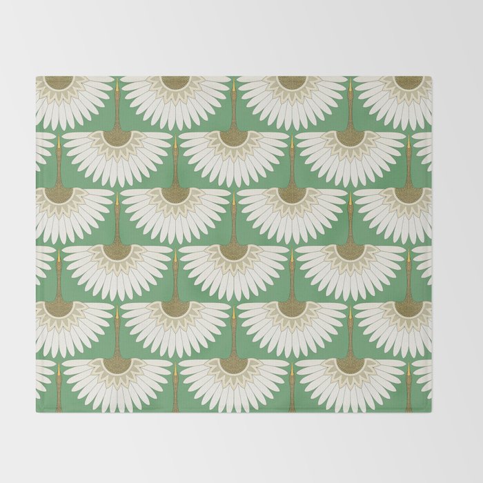 art deco cranes green Throw Blanket Gallery Image 2