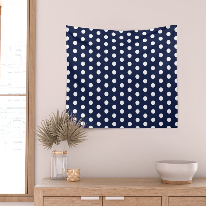 Navy Blue Polka Dots Minimalist Line Drawing Wall Tapestry Gallery Image 2