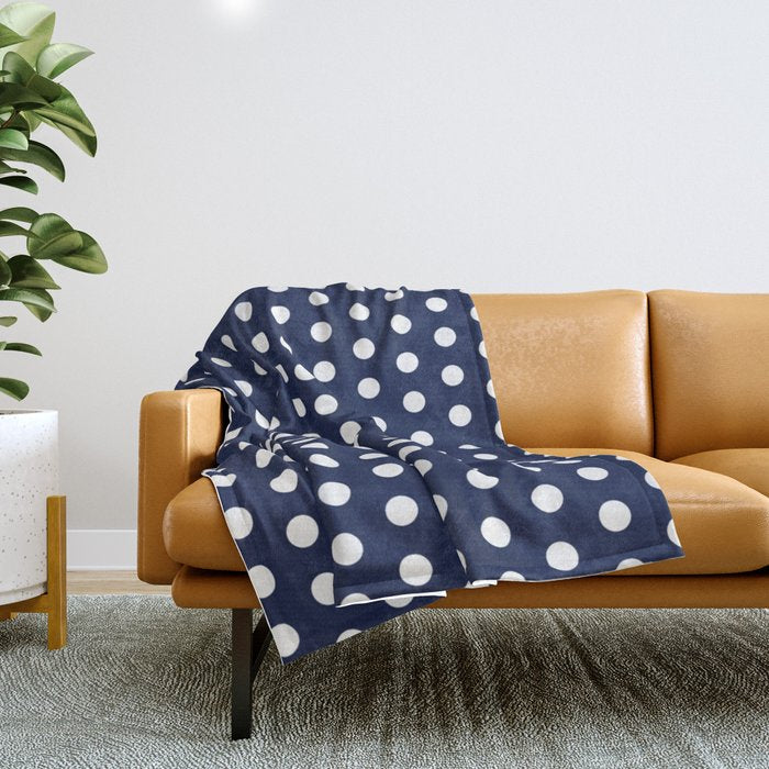 Navy Blue Polka Dots Minimalist Line Drawing Throw Blanket Gallery Image 1