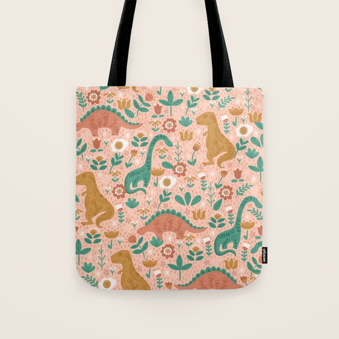 Folk Floral Dinosaurs in Pink Tote Bag Gallery Image 1
