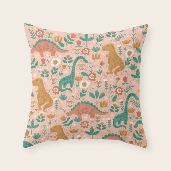 Folk Floral Dinosaurs in Pink Throw Pillow Gallery Image 6