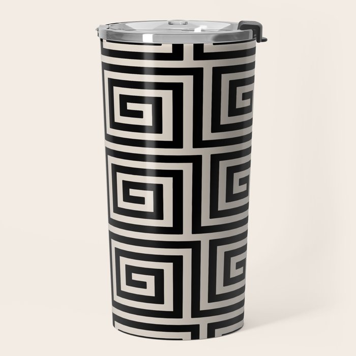 Greek Key Pattern 123 Black and Linen White Travel Mug Gallery Image 2