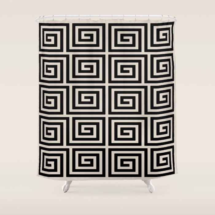Greek Key Pattern 123 Black and Linen White Shower Curtain Gallery Image 1