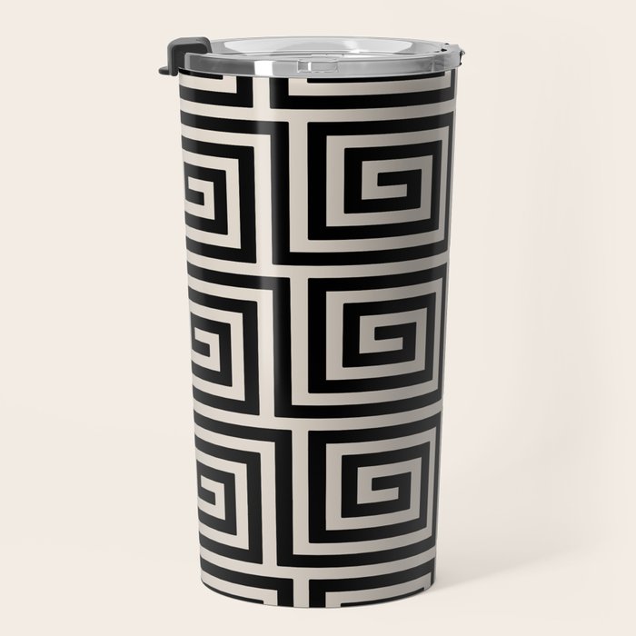 Greek Key Pattern 123 Black and Linen White Travel Mug Gallery Image 3