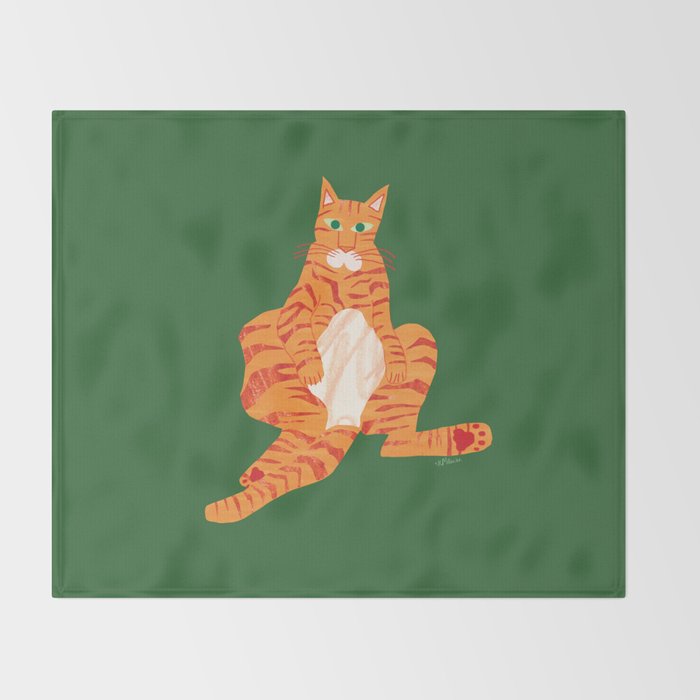 Chill Cat in Orange & Green Throw Blanket Gallery Image 2