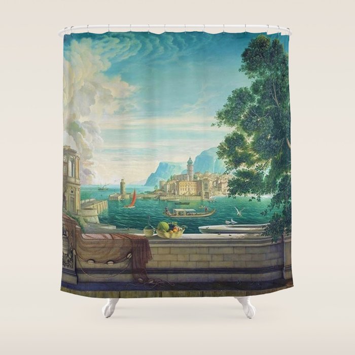 Capriccio of a Mediterranean Seaport Landscape No. 2 by Rex Whistler Shower Curtain Gallery Image 1