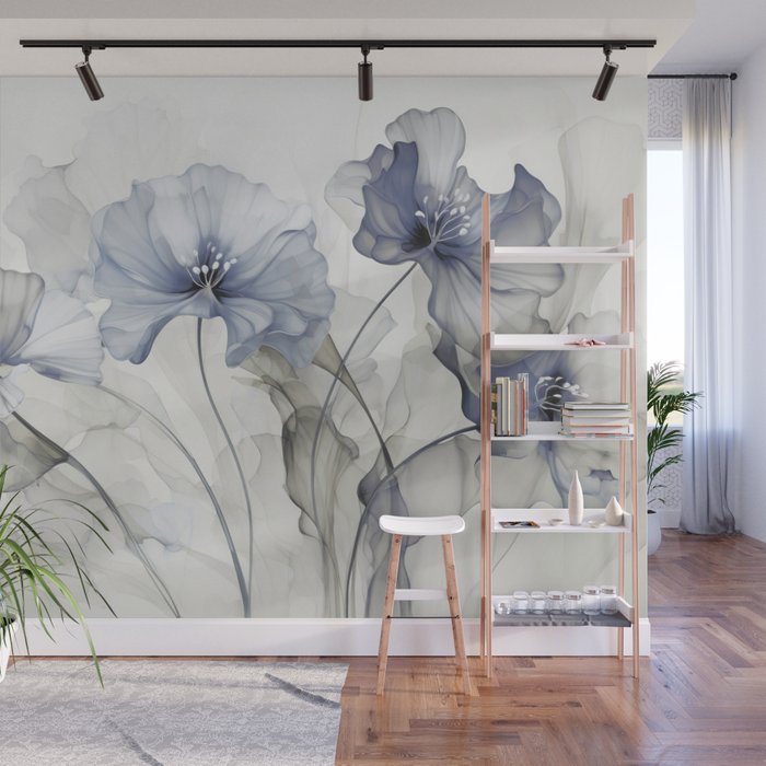 Ethereal Blue Grey Flower Fantasies Wall Mural Gallery Image 1
