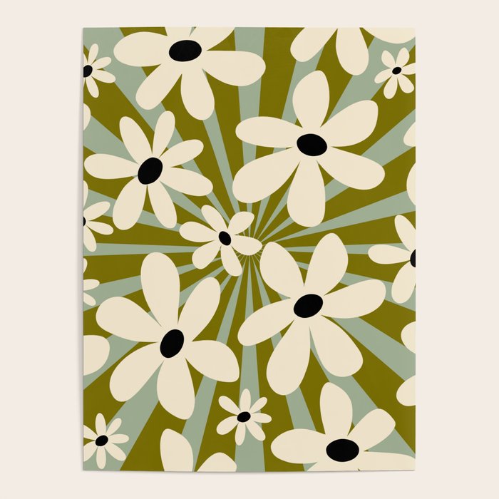 Retro Psychedelic Daisy Flower - Green Color Poster Gallery Image 1
