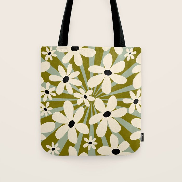 Retro Psychedelic Daisy Flower - Green Color Tote Bag Gallery Image 1