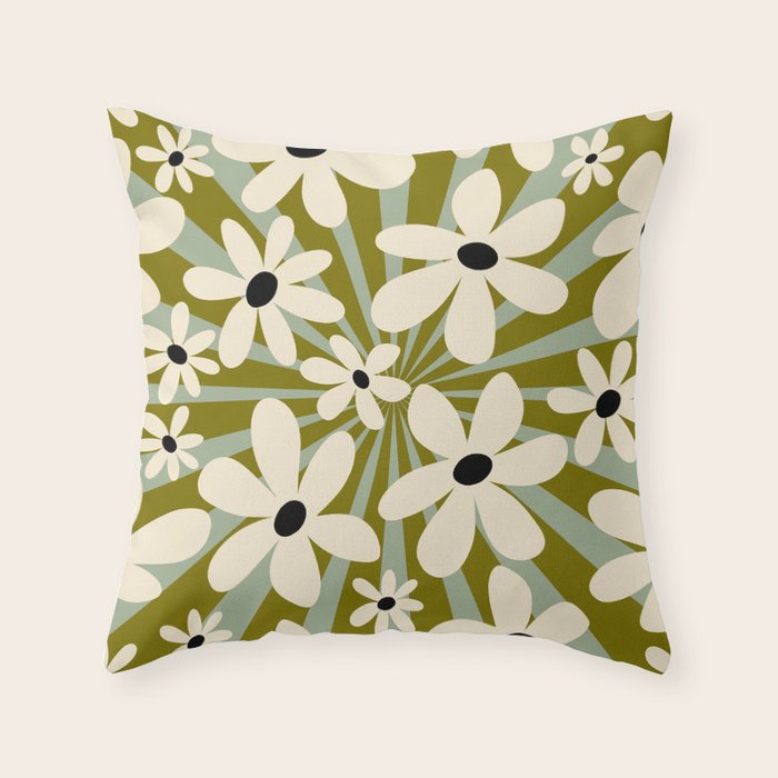 Retro Psychedelic Daisy Flower - Green Color Throw Pillow Gallery Image 6