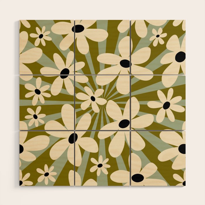 Retro Psychedelic Daisy Flower - Green Color Wood Wall Art Gallery Image 1