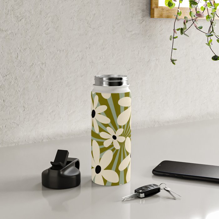 Retro Psychedelic Daisy Flower - Green Color Water Bottle Gallery Image 4
