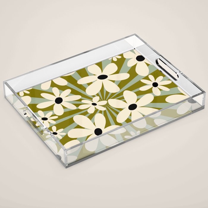 Retro Psychedelic Daisy Flower - Green Color Acrylic Tray Gallery Image 1
