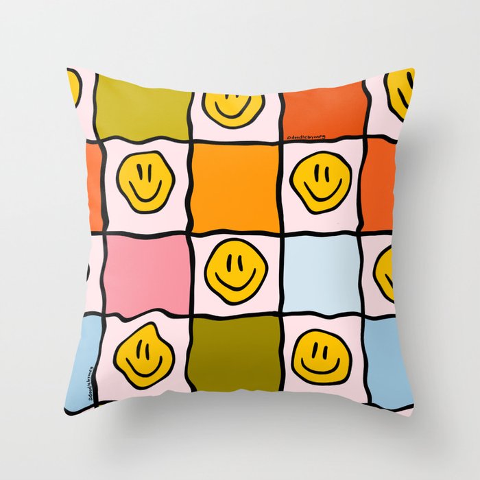 Rainbow Happy Face Checkered Print Throw Pillow Gallery Image 6