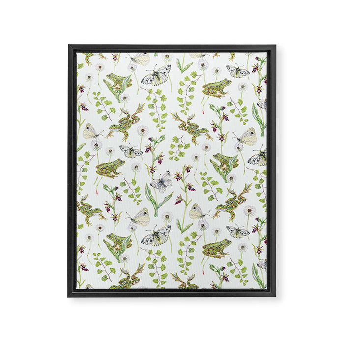 Spring Frogs and Orchids - Light Green Framed Canvas Print Gallery Image 1