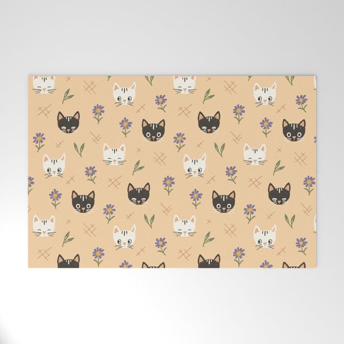 Cat Faces and Flowers Welcome Mat