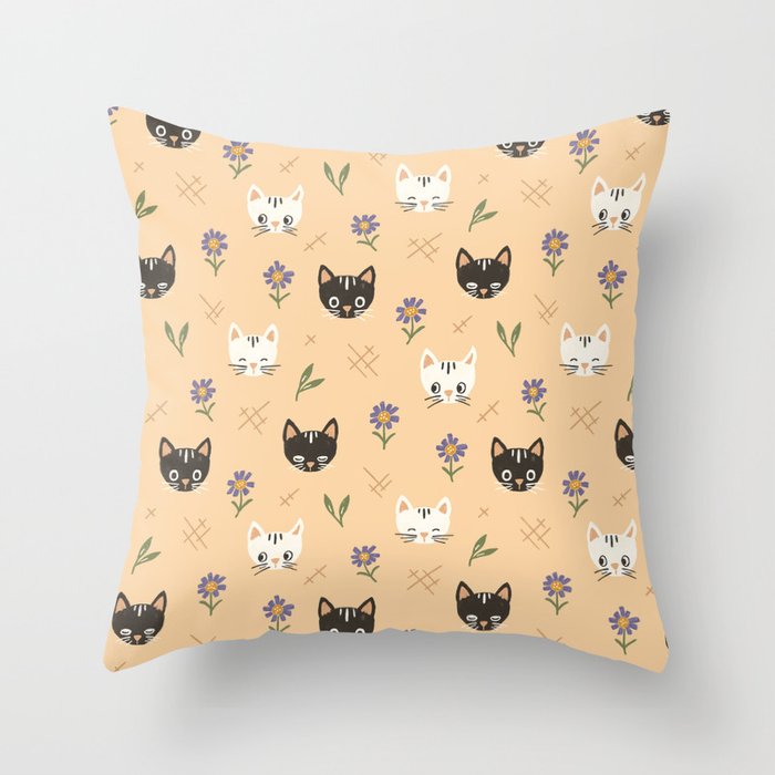 Cat Faces and Flowers Throw Pillow Gallery Image 1
