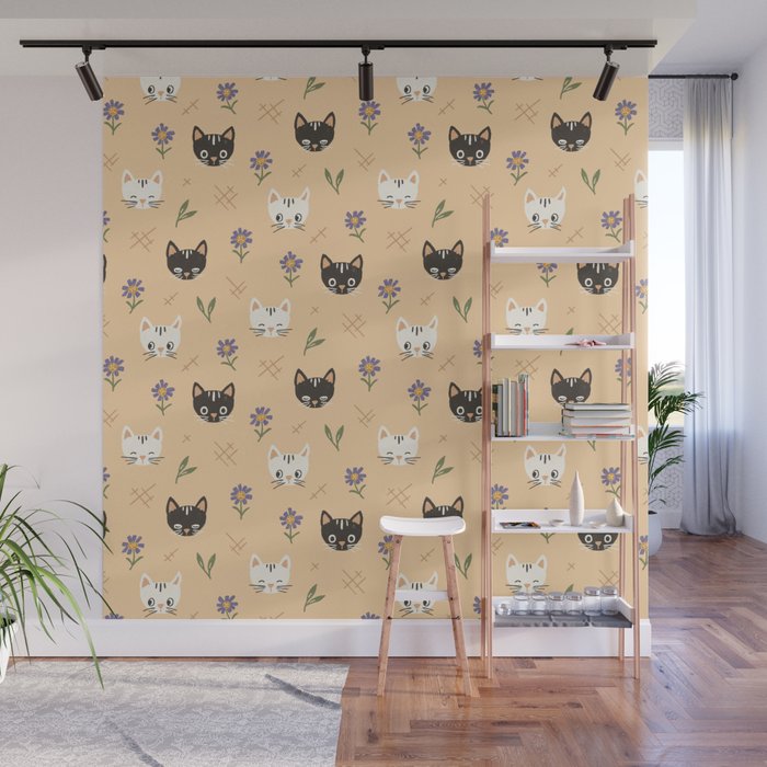 Cat Faces and Flowers Wall Mural Gallery Image 1