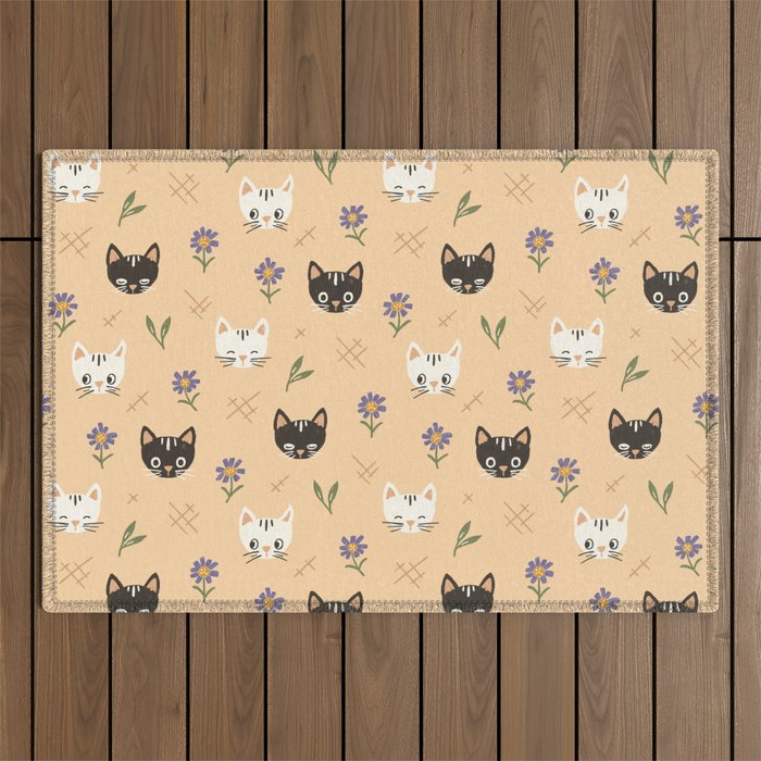 Cat Faces and Flowers Outdoor Rug Gallery Image 1