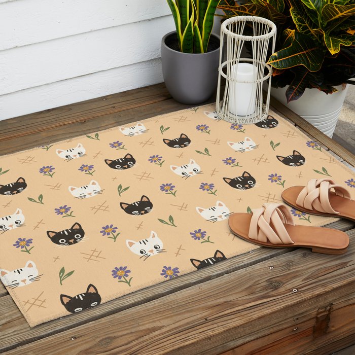 Cat Faces and Flowers Outdoor Rug Gallery Image 2