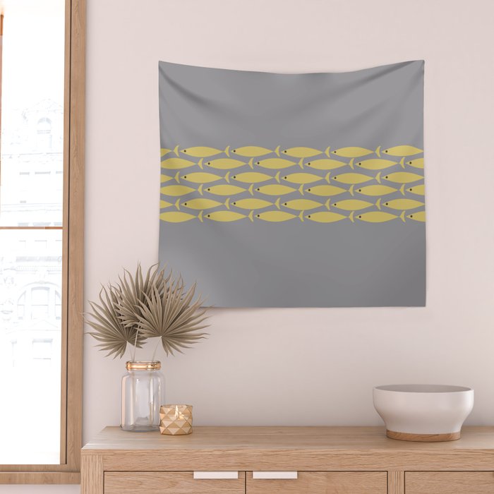 Mid Century Modern Minimalist Fish Stripe Pattern in Retro Gray and Mustard Yellow Wall Tapestry Gallery Image 2