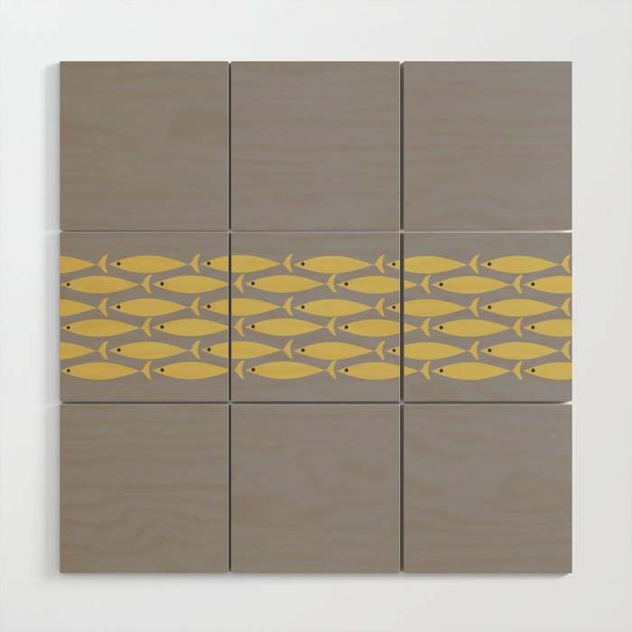 Mid Century Modern Minimalist Fish Stripe Pattern in Retro Gray and Mustard Yellow Wood Wall Art Gallery Image 1