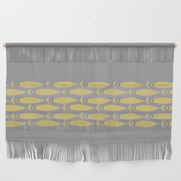 Mid Century Modern Minimalist Fish Stripe Pattern in Retro Gray and Mustard Yellow Wall Hanging Gallery Image 1