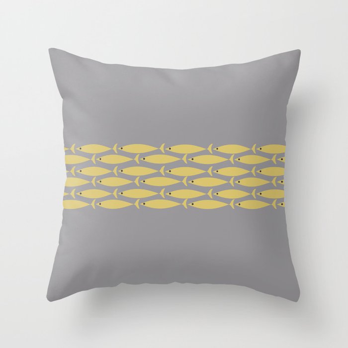 Mid Century Modern Minimalist Fish Stripe Pattern in Retro Gray and Mustard Yellow Throw Pillow Gallery Image 1