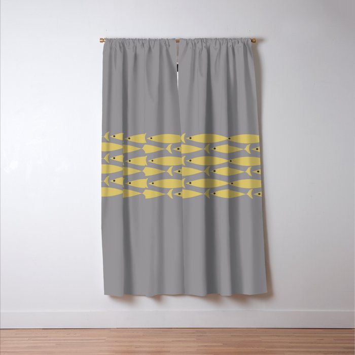 Mid Century Modern Minimalist Fish Stripe Pattern in Retro Gray and Mustard Yellow Window Curtain Gallery Image 3