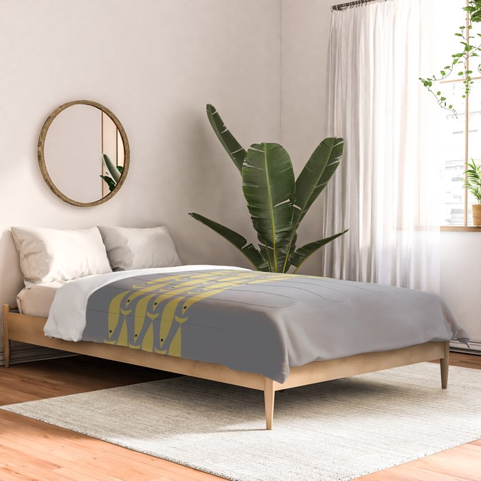Mid Century Modern Minimalist Fish Stripe Pattern in Retro Gray and Mustard Yellow Comforter Gallery Image 2