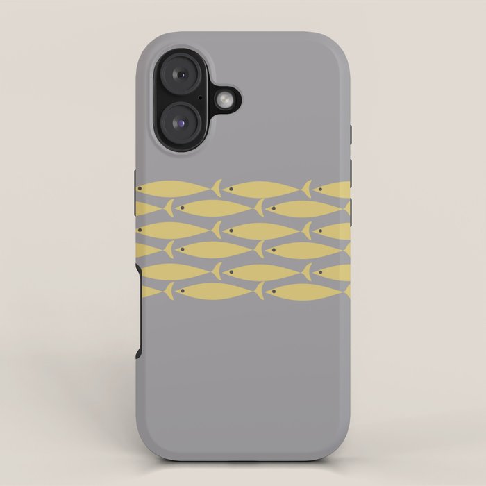 Mid Century Modern Minimalist Fish Stripe Pattern in Retro Gray and Mustard Yellow iPhone Case Gallery Image 1