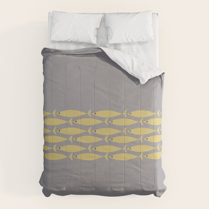 Mid Century Modern Minimalist Fish Stripe Pattern in Retro Gray and Mustard Yellow Comforter Gallery Image 1