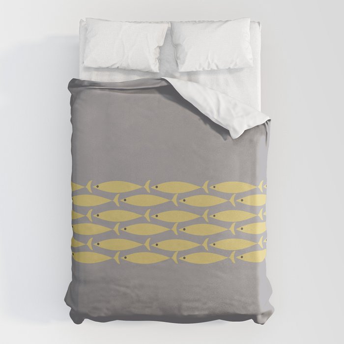 Mid Century Modern Minimalist Fish Stripe Pattern in Retro Gray and Mustard Yellow Duvet Cover Gallery Image 1