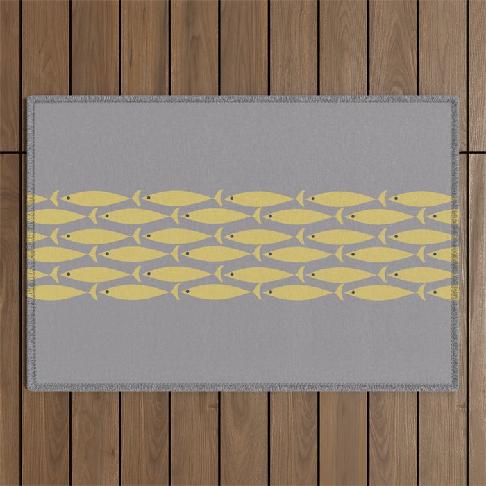 Mid Century Modern Minimalist Fish Stripe Pattern in Retro Gray and Mustard Yellow Outdoor Rug Gallery Image 1